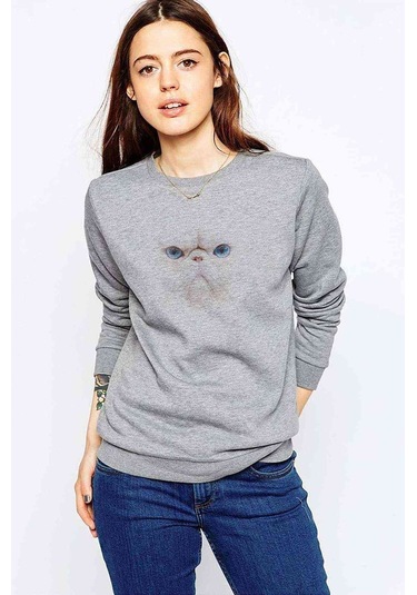 White Cat Baskılı Gri Kadın Sweatshirt