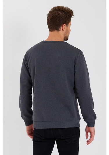 MMetalic Bisiklet Yaka Etiket Detayı İçi Pamuklu Erkek Sweatshirt Antrasit