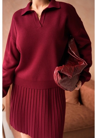 Kadın Polo Yaka Düşük Kol Kazak Kısa Etek İkili Triko Takım Bordo