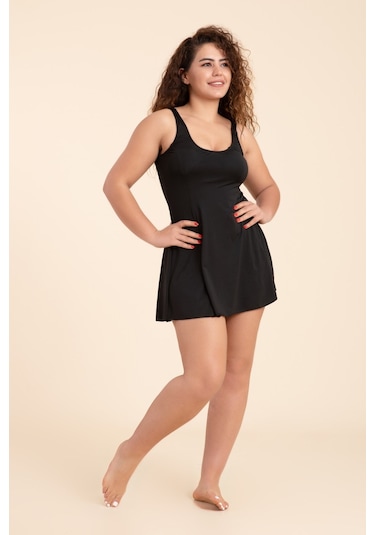 Kadın Büyük Beden Düz Askılı Etekli Elbise Mayo Siyah-siyah 30644 - 1 Siyah