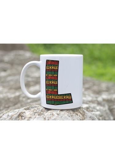 L Harfi Etnik Desenli Kupa - Afrika Tarzı Kahve Çay Kupası - Hediyelik - Black History Beyaz