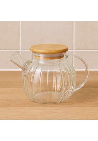 Dekorasyaa Isıya Dayanıklı Süzgeçli Cam Bambu Demlik 1000ml Cam