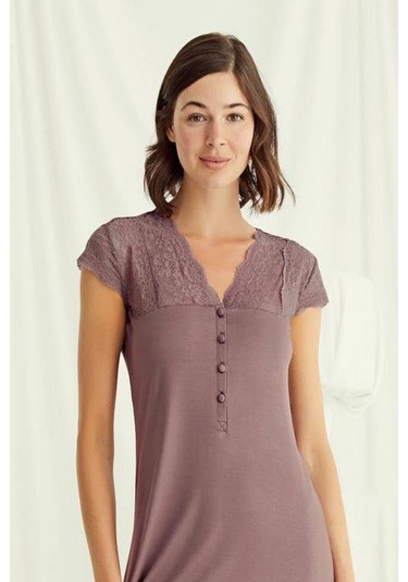 Monamise 18510 Kadın V Yaka Dantelli Düğmeli Kısa Kollu Gecelik-kahve Kahve
