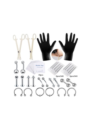 Dolıty 42 Parça Profesyonel Piercing Seti Gümüş-1.2x6+3 Çok Renkli