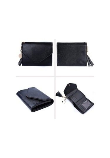 Trendooze Linjinxu Kadın Cüzdanı Püsküllü Üçlü Timsah Desenli Kartlık Yılanlı Siyah Para Kesesi Diğer