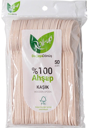 Roll-up Doğaya Dönüş Ekolojik Doğal %100 Ahşap Kaşık - Kalınlık : 1.8 Mm - 16 Cm. - 50'li 5 Paket Ahşap