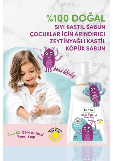 INCIA %100 Doğal Köpük Kastil Sabunu Çocuklar İçin Zeytinyağlı 10 Bitkisel Değerli Yağ 200 ml X2 Adet