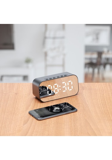 Xindoker Siyah Bluetooth Hoparlör: Minı Alarm Saati, Ayna Ekranlı, 3w Güç, 10m Mesafe, Modern Tasarım