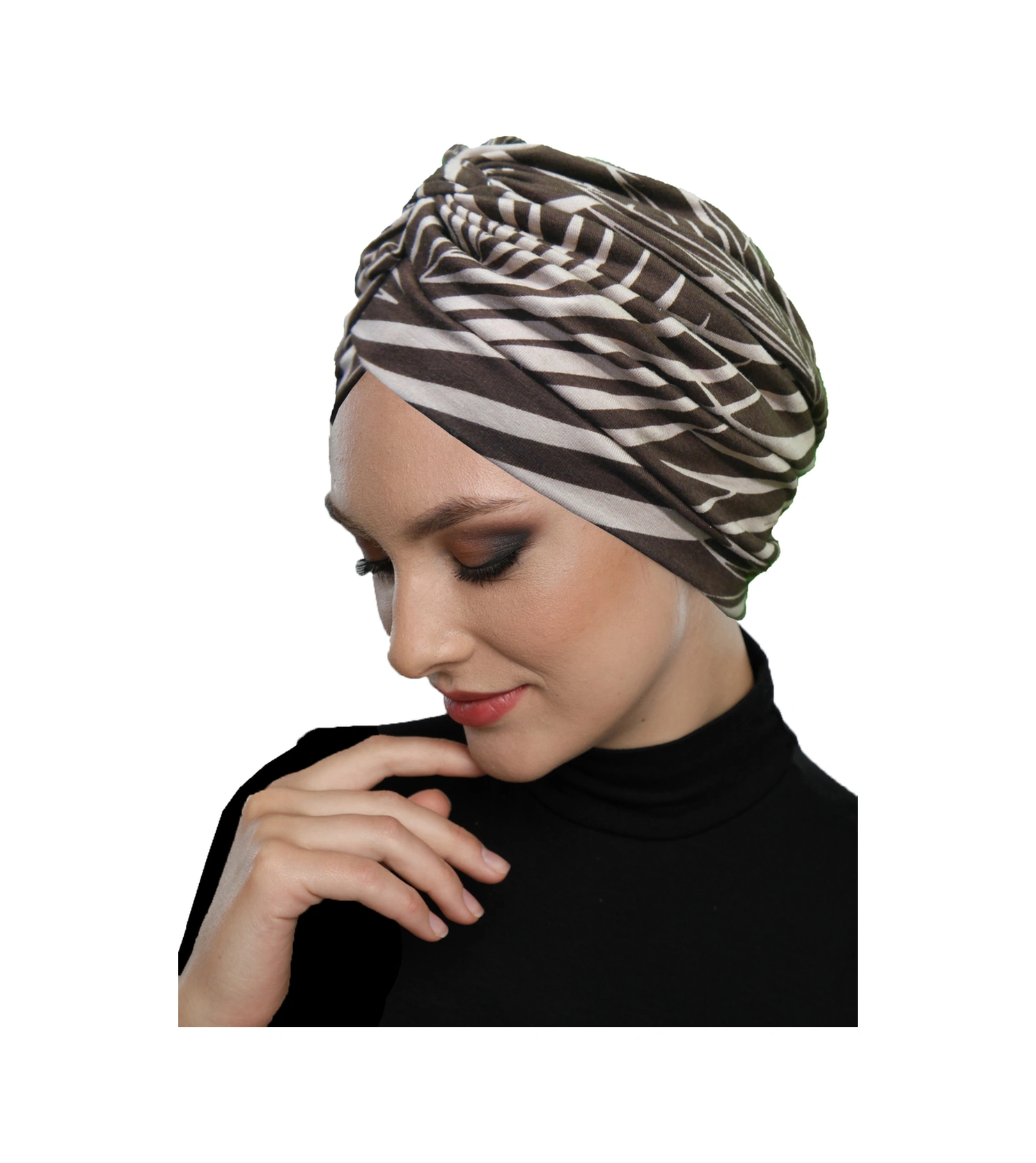 Zebra Luxe Desenli Çapraz Ve Bant Detaylı Astarlı Hazır Türban Tesettür Havuz Bonesi Kahverengi-bej