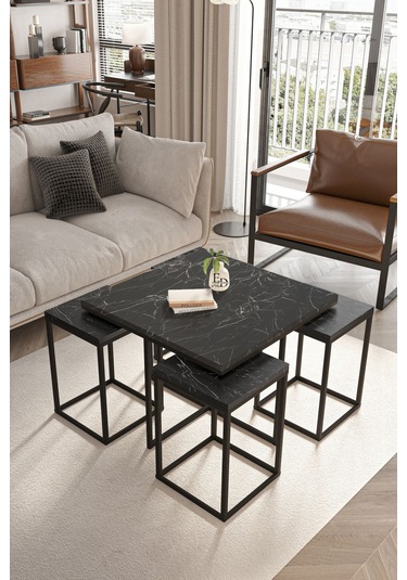 Lizbon 4+1 Kare Sehpa Takımı Siyah Metal - Siyah Mermer Tabla