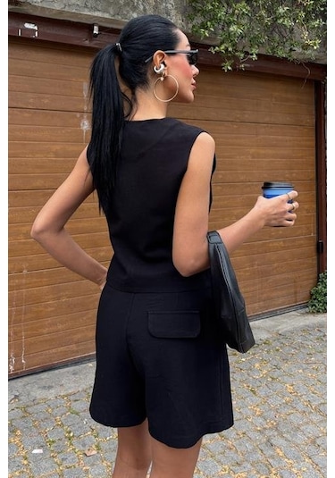 Yelek Şort Flamlı Keten Takım 10133-17 Si Yah