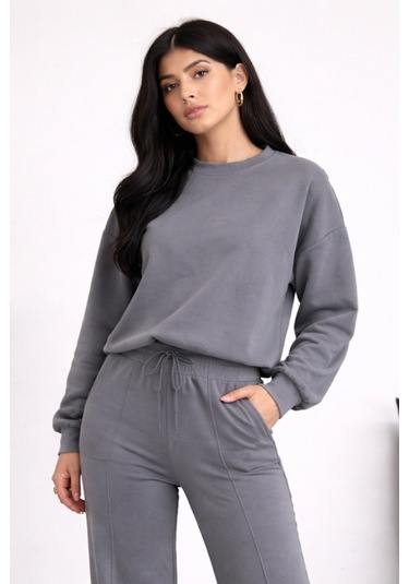 Balenbi Oversize Bisiklet Yaka Basic Modal Kadın Takım 1206 - Form Serisi Gri