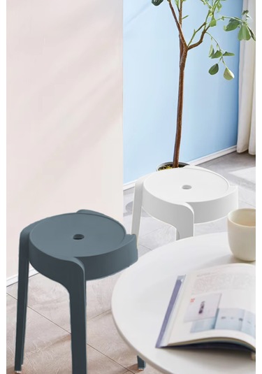 Kaymaz Ayaklı İçiçe Geçebilen Plastik Tabure 4adet Antrasit-beyaz