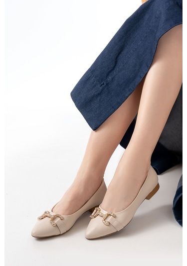 Aska Shoes İnf-133 Taşlı Tokalı Günlük Kadın Babet Ten