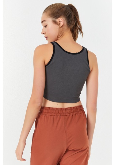 Tommy Life Antrasit Basic Sıfır Kol Dar Kalıp U Yaka Kadın Crop Top Atlet - 97160 Antrasit