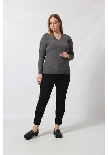 Y6328 Fındık Örgü Detaylı Triko Kazak Gri