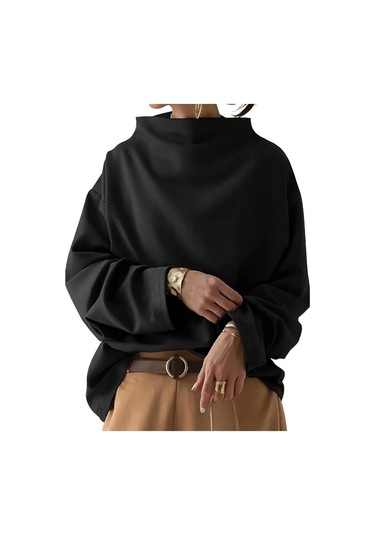 Tua Moda Kadın Uzun Kollu Geniş Balıkçı Yaka Modal Bluz Siyah