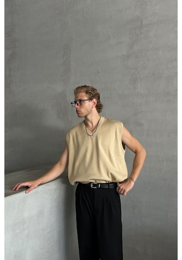 Erkek V Yaka Oversize Süveter Bej