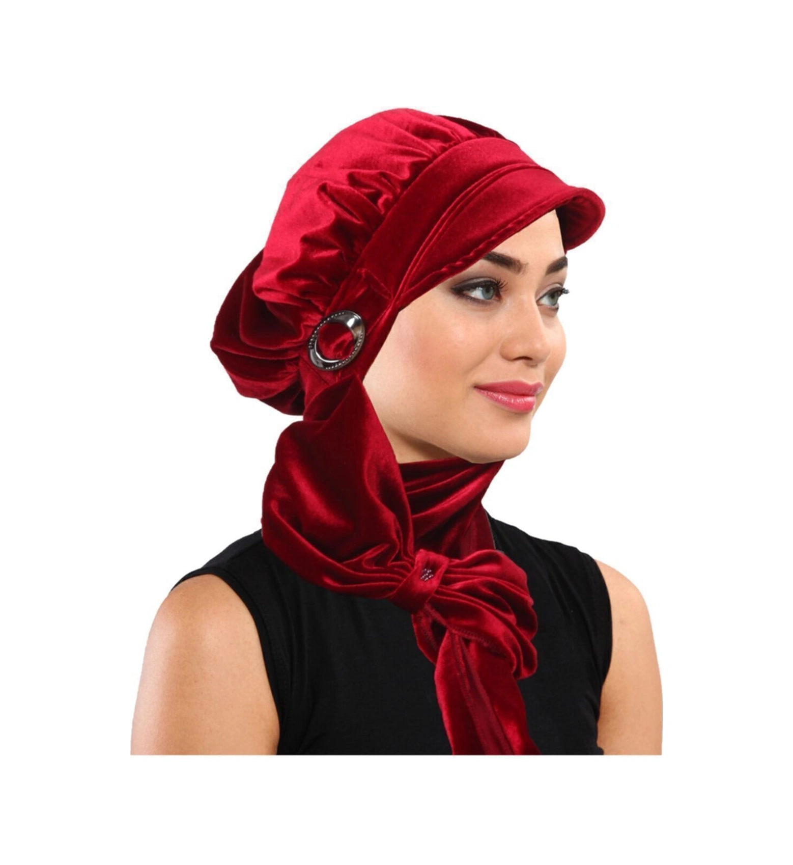 Kadife Şapka Atkılı Toka Detaylı Bordo Hazır Türban Tesettür Bone Bordo