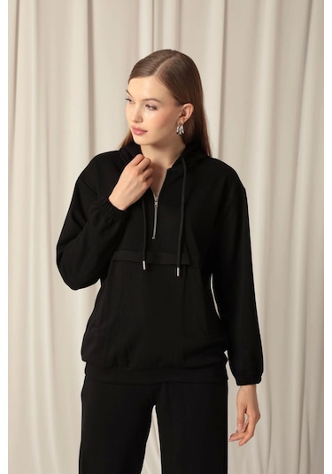 Saklımoda Modal Kumaş Fermuarlı Kadın Siyah Sweatli Takım Çok Renkli