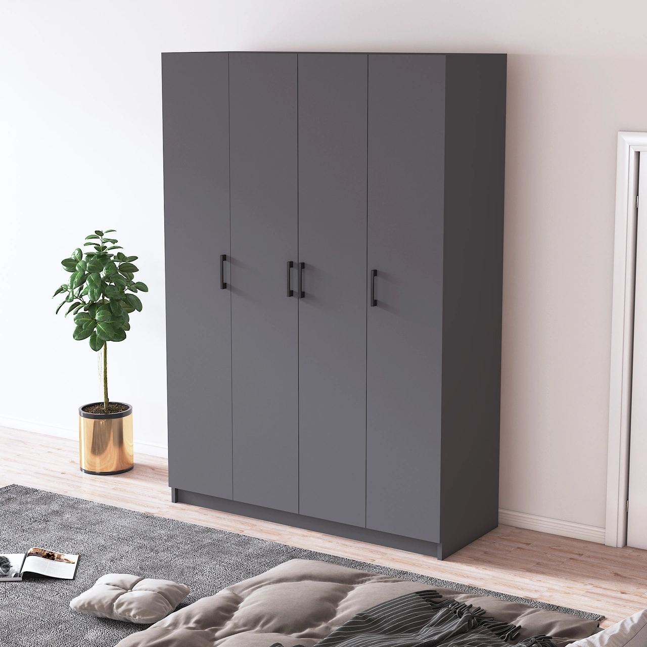 %100 Mdflam 4 Kapaklı Gardrop 120cm G-08 Antrasit