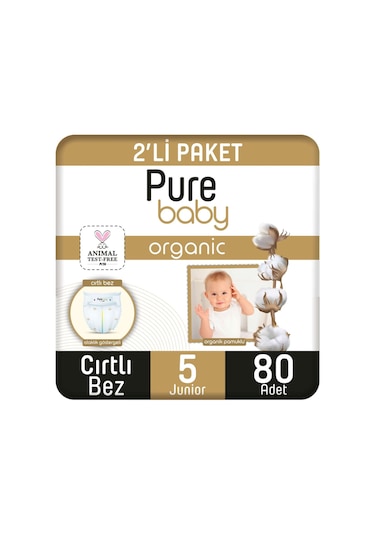 Pure Baby Organik Pamuklu Cırtlı Bez 5 Numara Junior 80 Adet 2'li Paket 2'li