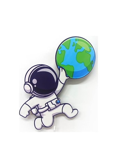 CajuArt Dünya Astronot Ahşap Led Işıklı Çocuk Odası Duvar Tablosu