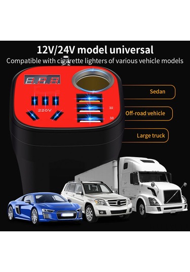 Youtek Araç Invertörü 12v/24v'den 220v'ye Çevirici, Usb Hızlı Şarj, Led Ekranlı, Siyah - Araba/kamyon Güç Kaynağı