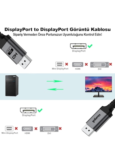 Yediseven Displayport Dp 1.4 8k 60hz Görüntü Aktarma Kablosu 1m
