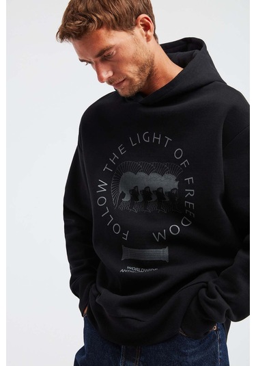 Olympos Erkek %100 Organik Pamuk 3 Iplik Oversize Baskılı Kapüşonlu Kordonlu Siyah Sweatshirt