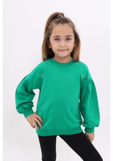 Toontoy Kız Çocuk Relax Fit Bisiklet Yaka Büzgülü Reglan Kol Sweatshirt - 2 İplik Çimen Yeşili