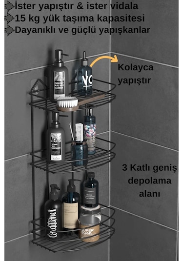 Teknotel Banyo Düzenleyici Şampuanlık Sabunluk 3 Katlı Yapışkanlı Banyo Duş Rafı Siyah St009 Siyah