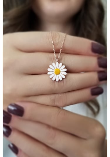 Kadın Papatya Tasarım Mineli Rose 925 Ayar Gümüş Kolye