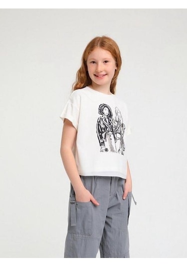Escabel Kız Çocuk Pamuklu Kabartmalı T-shirt-14117 Ekru