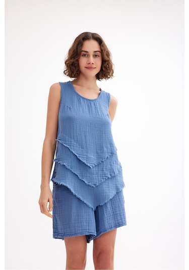 Pamuk Müslin Üçgen Bluz - Şık Ve Rahat Yaz Tasarımı Mavi