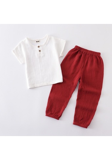 Kırmızı Bahar Erkek Bebek Giysileri Yürümeye Başlayan Yumuşak Pamuklu Uzun Kollu Tişört T-shirt + Pantolon 2 Adet Çocuklar Kıyafetler Kırmızı