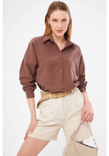 Armonika Kadın Kahve Oversize Uzun Basic Gömlek Arm-22y001118