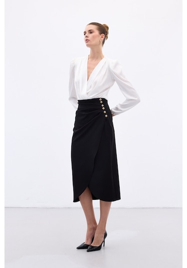 Sateen Düğme Detaylı Kalem Etek - Siyah-136776 Siyah