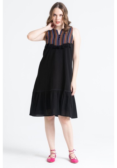 Kolsuz Şile Bezi Ilgaz Midi Boy Elbise Siyah Syh-siyah