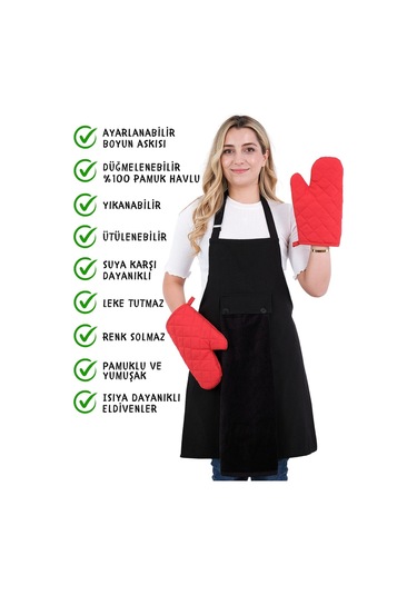 Star Ayar Askılı Havlulu 4lü Mutfak Önlüğü Seti 2 Eldiven Siyah-siyah-kırmızı