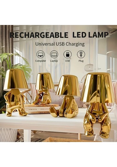 Honeybeeshop 1 Adet Kişi Küçük Altın Renkli Erkekler Usb Şarj Kablolu İtalyan Tasarımlı Düşünür Heykel Led Masa Lambası 3 Kademe Ayarlanabilir Modern Gece Işığı Dekoratif Hediye Ahşap