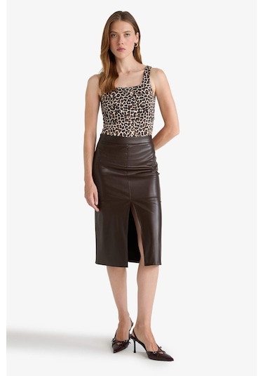 Defacto Kalem Yüksek Bel Penye Astar Suni Deri Midi Etek D4638ax25aubn116 Kahve