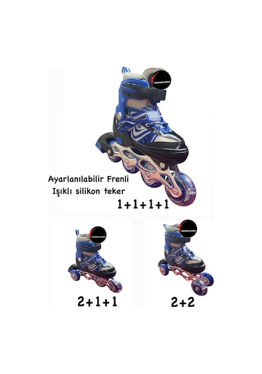 Işıklı Çocuk Pateni Ayarlanılabilir Alıştırma Tekerli Frenli Silikon Tekerli Metal Gövdeli Paten Mavi