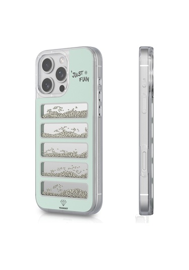 İphone Uyumlu 16 Pro Kılıf Aynalı Ve Boncuklu Tasarım Youngkit Jump Serisi Kapak Açık Yeşil