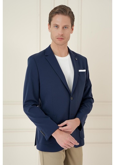 Slim Fit Torba Cep Esnek Spandex Karışımlı Düz Lacivert Blazer Ceket C 696 Lacivert