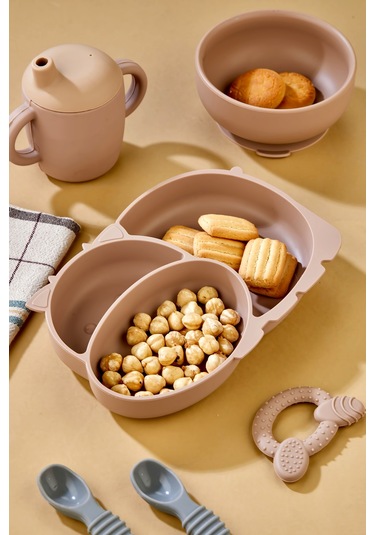 5'li Silikon Set / Bölmeli Mama Tabağı / Kase / Bebek Bardağı / Diş Kaşıyıcı / Mama Kaşığı - Moka Mocca