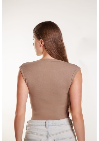 Kadın Vizon Fitilli Likralı Sıfır Kol Bisiklet Yaka Örme Atlet Tshirt Bluz Vizon