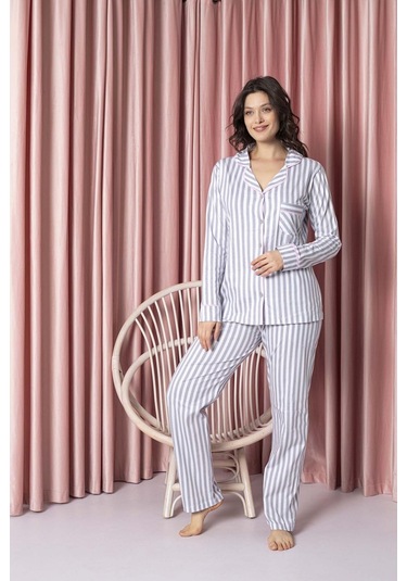 Ahengim Kadın Pijama Takımı Süprem Uzunkol Çizgili Bebe Yaka Boydan Düğmeli Pamuklu Mevsimlik W20592298 001 Ahengim Kadın Pijama Takımı Süprem Uzunkol Çizgili Bebe Yaka Boydan Düğmeli Pamuklu Mevsimlik W20592298 001