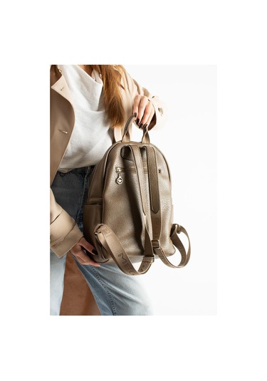 Vegan Deri Kadın Sırt Çantası 35 25 Cm Yağmur İtici Kumaş Mega Bag Günlük Kullanıma Uygun Vizon