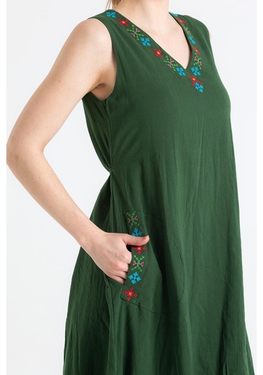 Kolsuz Şile Bezi Mehtap Midi Boy Elbise Yeşil